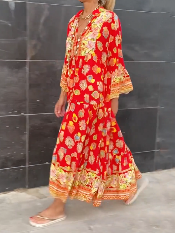 Bella - Robe Maxi A Imprimé Floral Avec Manches Longues Et Col En V 1 + 1 GRATUIT