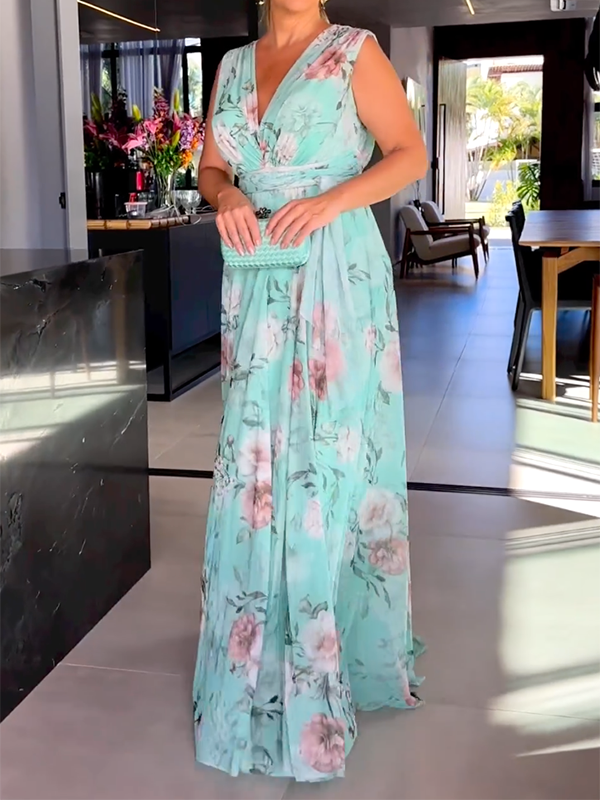 Arisa - Robe Longue Sans Manches Avec Col En V, Fentes Latérales Et Imprimé Floral 1 + 1 GRATUIT