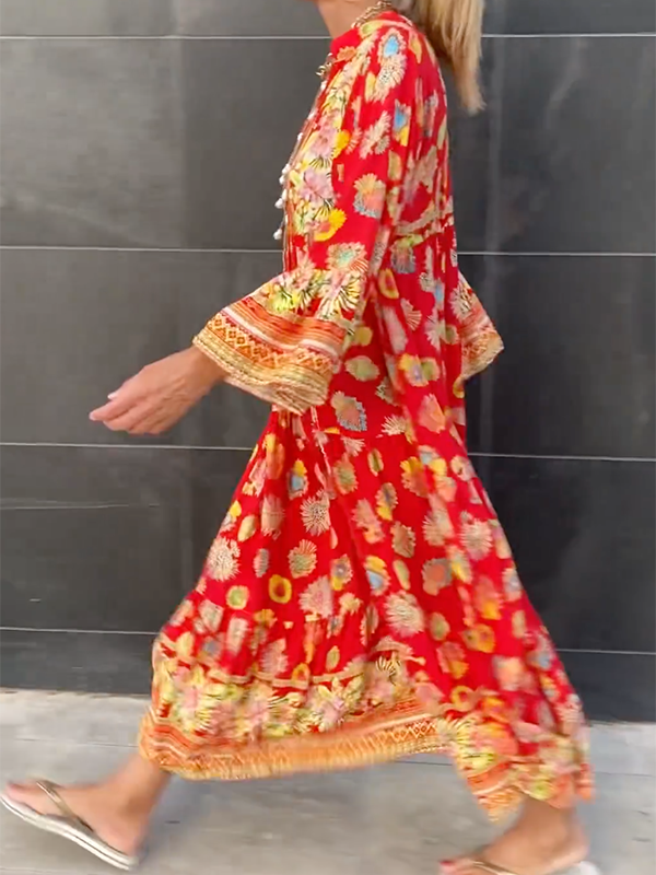 Bella - Robe Maxi A Imprimé Floral Avec Manches Longues Et Col En V 1 + 1 GRATUIT