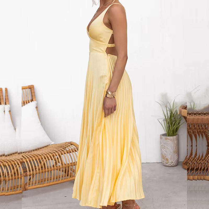 Adalina - Robe Longue Plissée Jaune A Col En V 1 + 1 GRATUIT