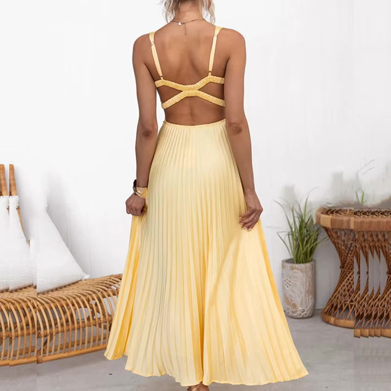 Adalina - Robe Longue Plissée Jaune A Col En V 1 + 1 GRATUIT