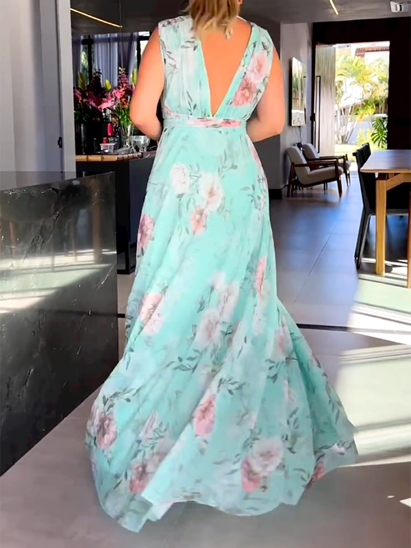 Arisa - Robe Longue Sans Manches Avec Col En V, Fentes Latérales Et Imprimé Floral 1 + 1 GRATUIT