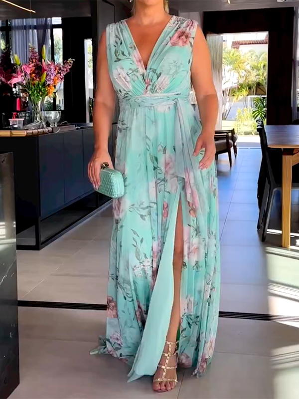 Arisa - Robe Longue Sans Manches Avec Col En V, Fentes Latérales Et Imprimé Floral 1 + 1 GRATUIT