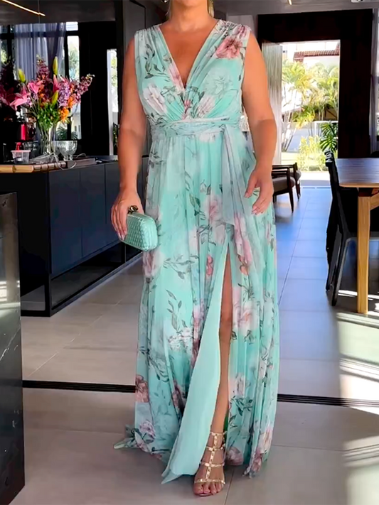 Arisa - Robe Longue Sans Manches Avec Col En V, Fentes Latérales Et Imprimé Floral 1 + 1 GRATUIT