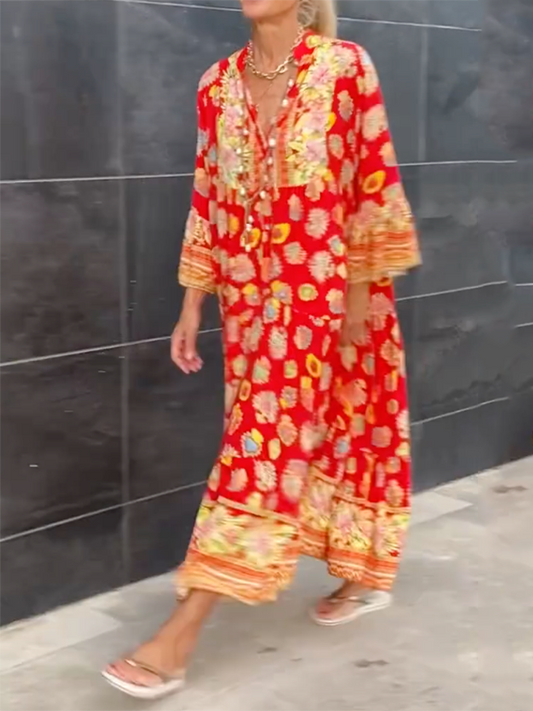 Bella - Robe Maxi A Imprimé Floral Avec Manches Longues Et Col En V 1 + 1 GRATUIT